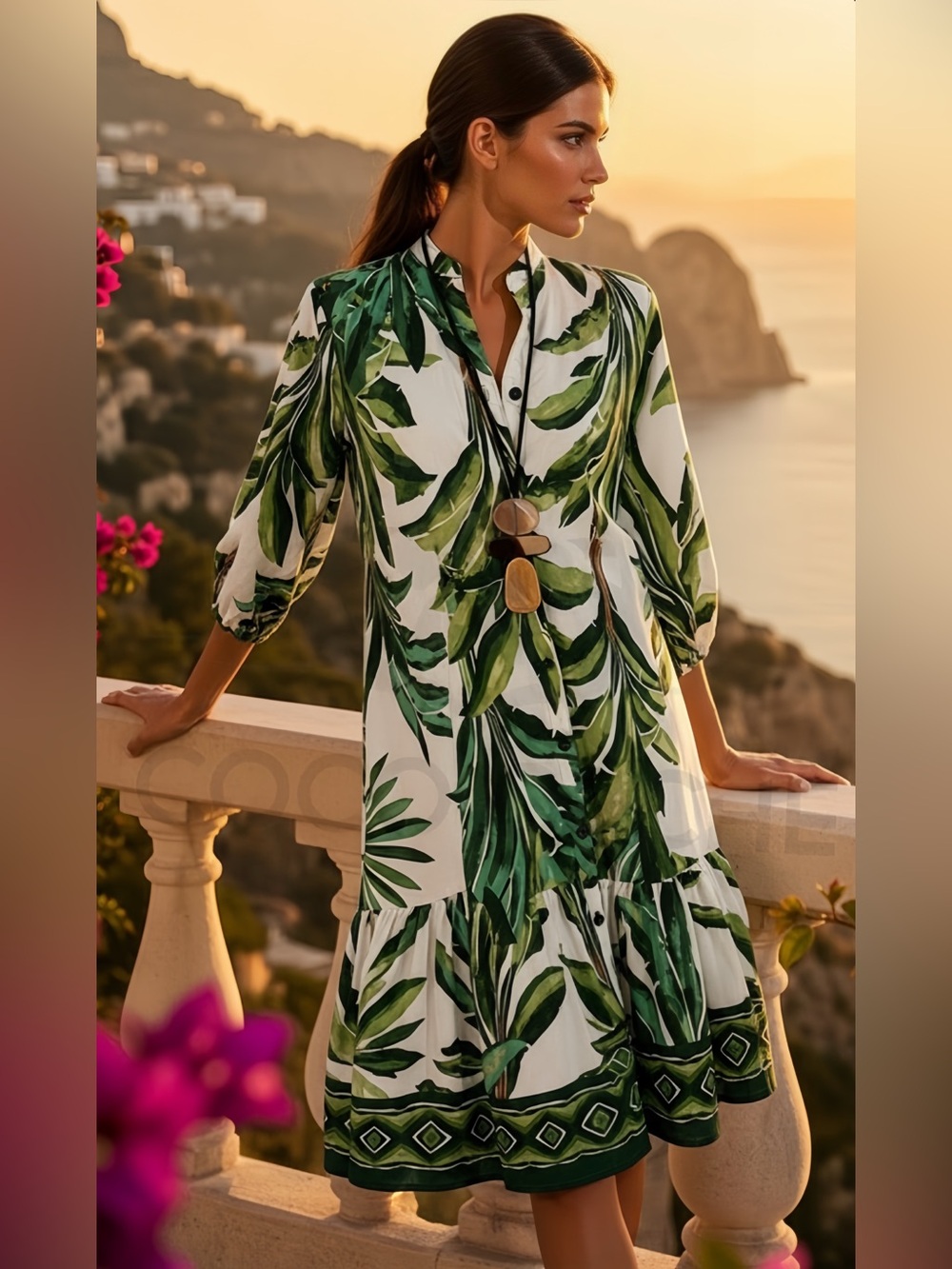 Bohemian Tropical Green Leaf Print Loose Fit Midi Dress